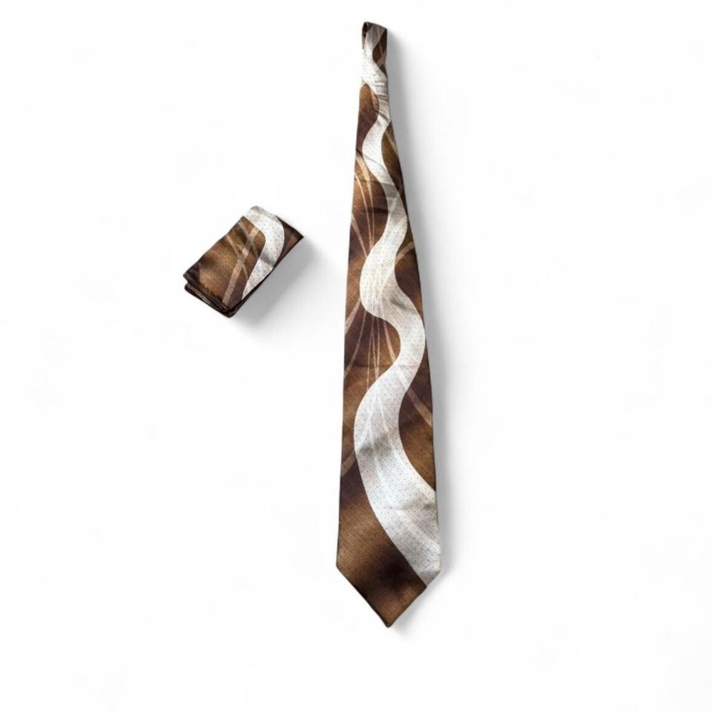 Vintage Alberto Zerra Silk Brown Geometric Print Tie & Pocket Square‎